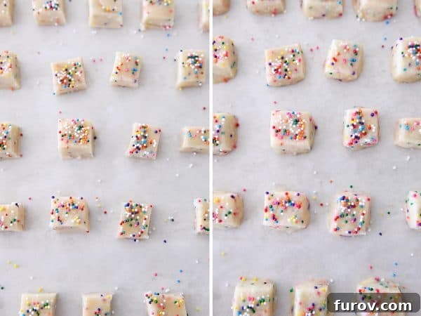 Comparison shot: unbaked funfetti shortbread bites ready for the oven alongside golden-baked shortbread bites, showing the transformation.