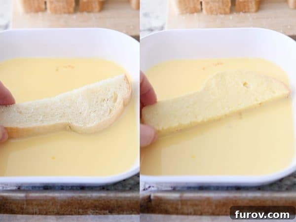 Dipping bread in egg mixture for crunchy baked french toast sticks.