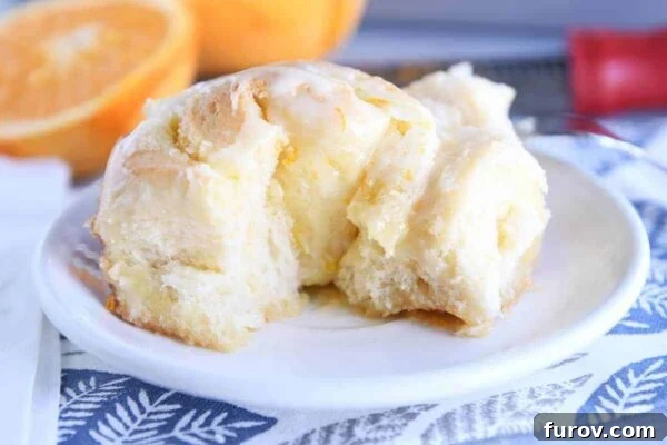 Perfected Homemade Orange Sweet Rolls 4 A perfectly spiraled homemade orange sweet roll, showcasing traditional shaping.