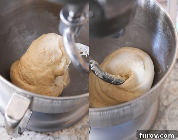 Perfected Homemade Orange Sweet Rolls 5 Freshly mixed dough for small batch cinnamon rolls in a KitchenAid mixer bowl, ready for its first rise.