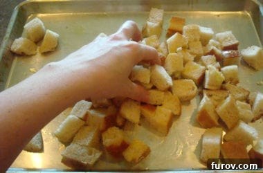 Bread cubes generously drizzled with olive oil on a cookie sheet, being tossed by hand to ensure an even coating before seasoning.