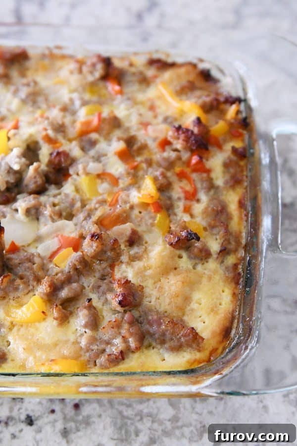 Top down view of tater tot casserole used for easy freezer breakfast burritos.