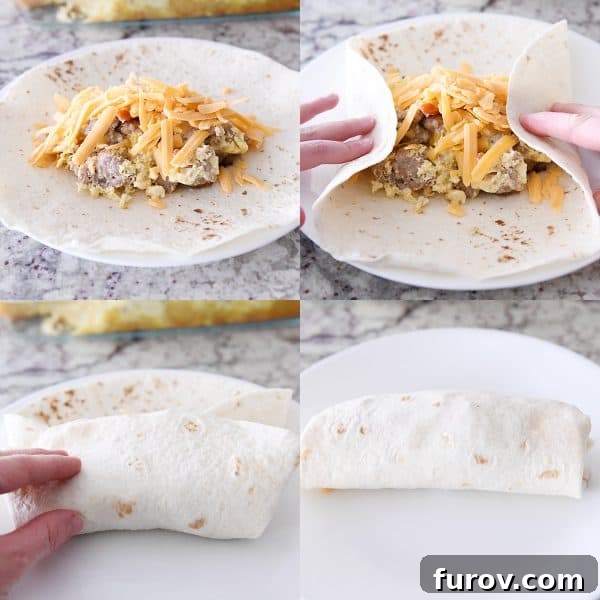 Rolling up easy freezer breakfast burritos.