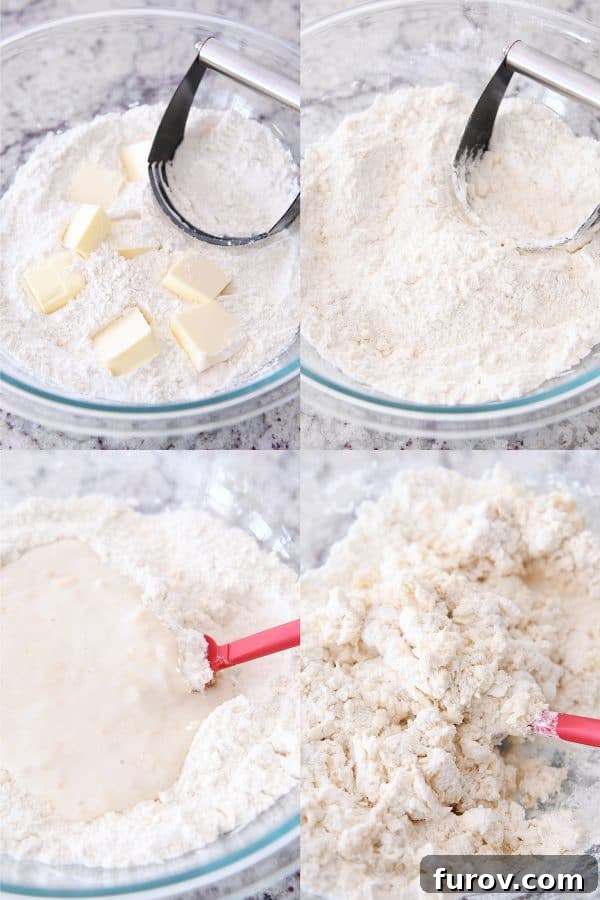 Decadent Chocolate Chip Banana Bread Scones 4 Cutting in butter and adding milk to scone batter.