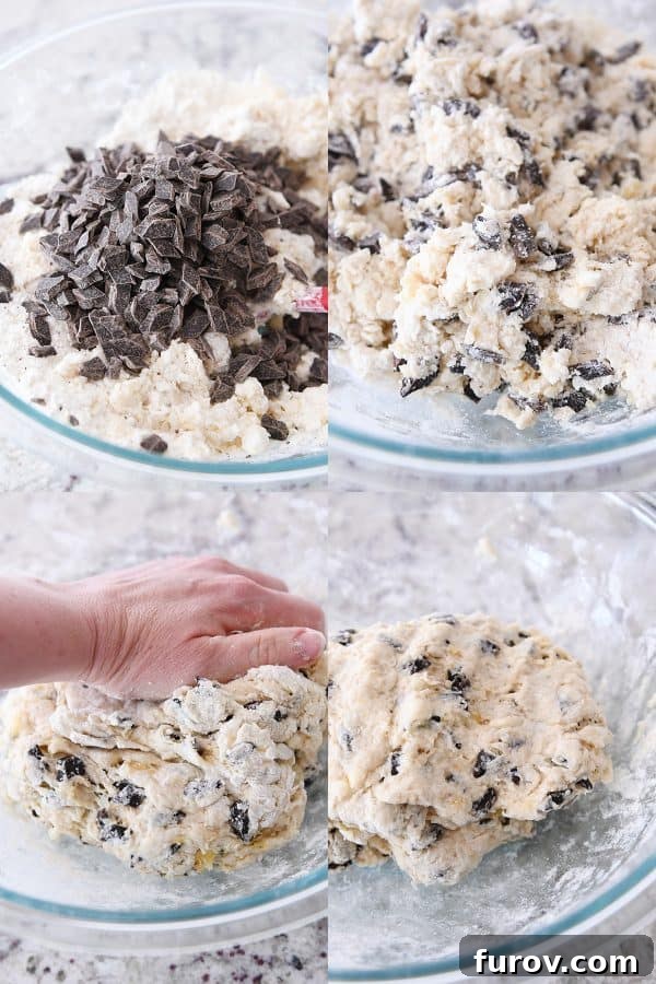 Decadent Chocolate Chip Banana Bread Scones 5 Adding chocolate chunks and mixing scone batter.