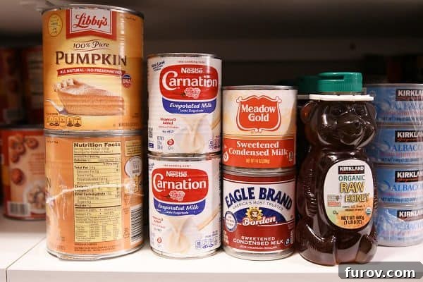 honey and canned goods on pantry shelves