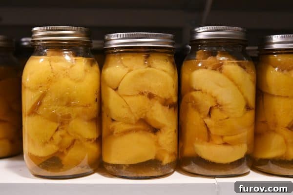 home canned peaches on shelf