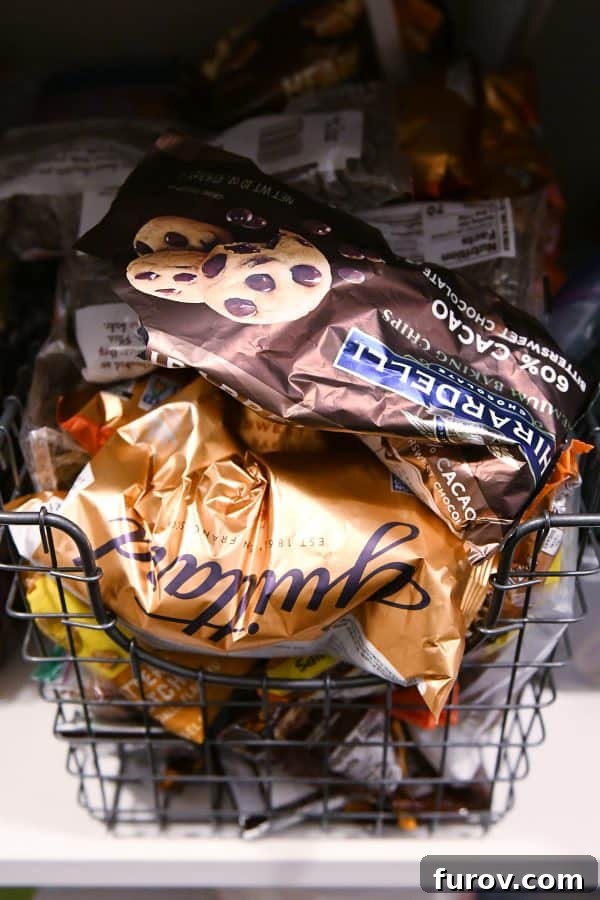 chocolate chips in wire basket in pantry
