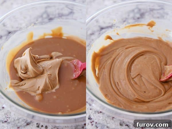 Smores Inspired Caramel Peanut Butter Cookie Bars 5 Mixing creamy peanut butter into soft, melted caramel.