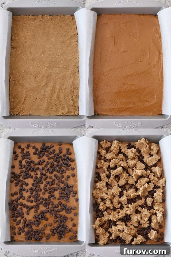 Smores Inspired Caramel Peanut Butter Cookie Bars 6 Side by side view of layering cookie bar ingredients: graham cracker crust, peanut butter caramel, chocolate chips, and crumbled cookie dough.