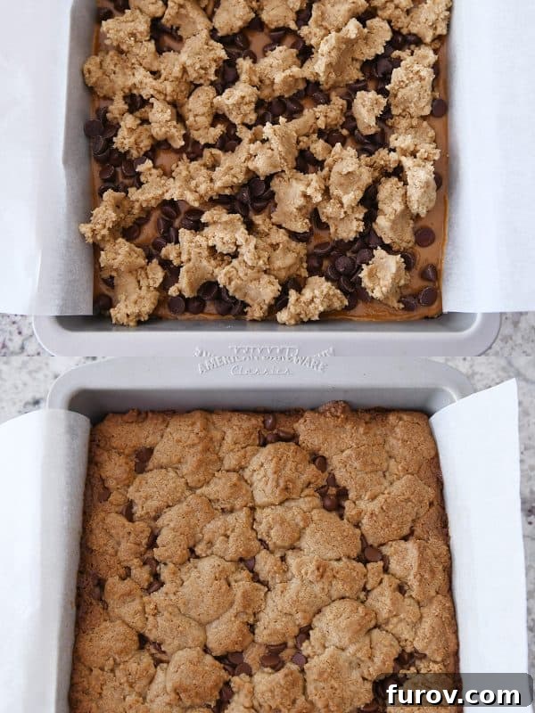 Smores Inspired Caramel Peanut Butter Cookie Bars 7 Comparison of an unbaked pan of cookie bars next to a perfectly baked pan.