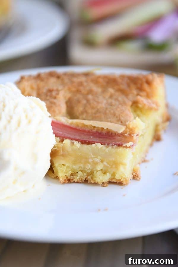Tangy Rhubarb Custard Delight 2 A beautifully plated slice of Rhubarb Custard Cake, topped with vibrant red rhubarb and served alongside a scoop of melting vanilla ice cream, promising a perfect sweet-tart balance.