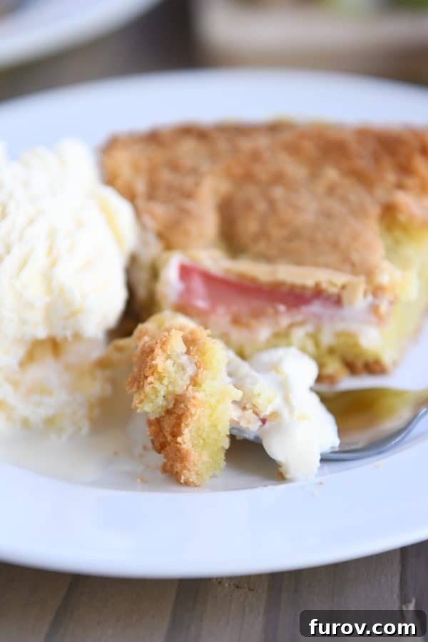 Tangy Rhubarb Custard Delight 11 A fork piercing into a slice of Rhubarb Custard Cake, revealing the moist, custardy crumb and pieces of tart rhubarb, served with creamy vanilla ice cream on a white plate.