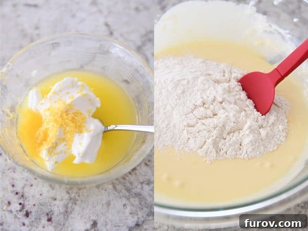 Tangy Rhubarb Custard Delight 5 A glass bowl holds a creamy, golden batter mixture of sour cream, melted butter, eggs, and lemon zest, ready for the dry ingredients to be folded in.