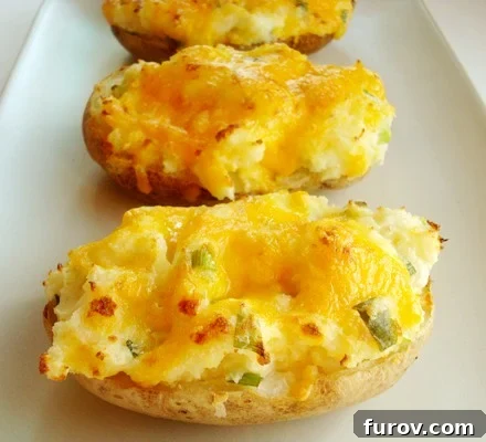 Two perfectly loaded twice baked potato halves with melted cheese and fresh chives presented on a pristine white plate.