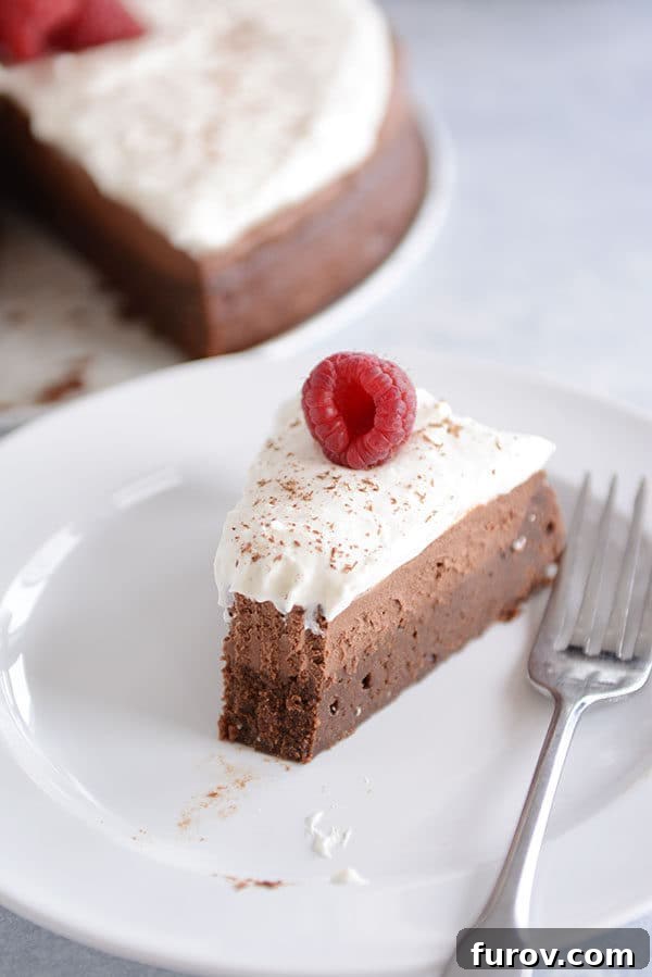 A slice of chocolate mousse torte with a bite taken out on a white plate, showcasing its rich layers.
