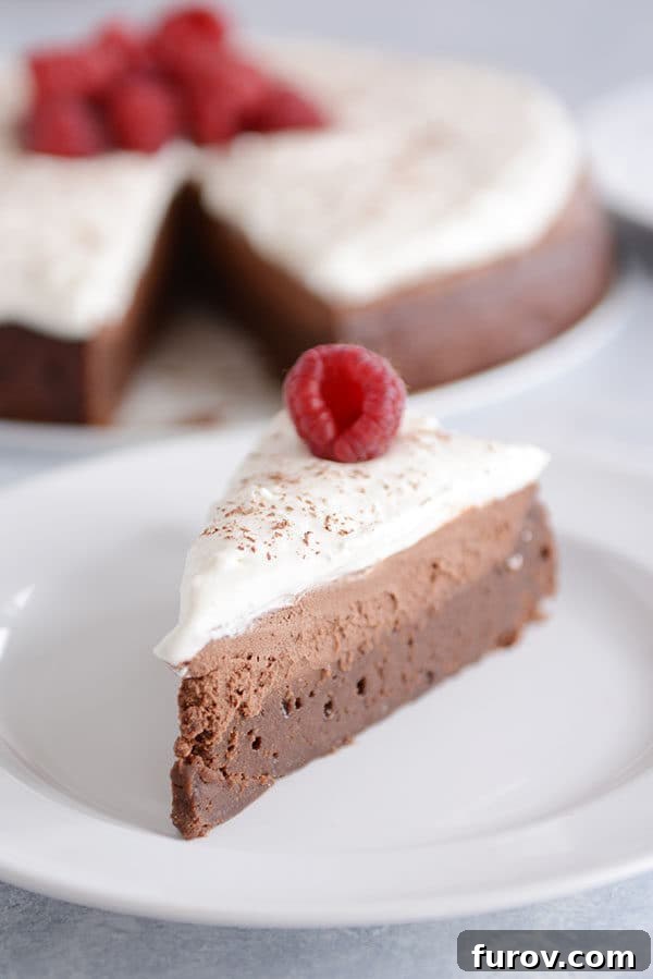 A perfectly sliced piece of chocolate mousse torte on a white plate, positioned in front of the full torte.