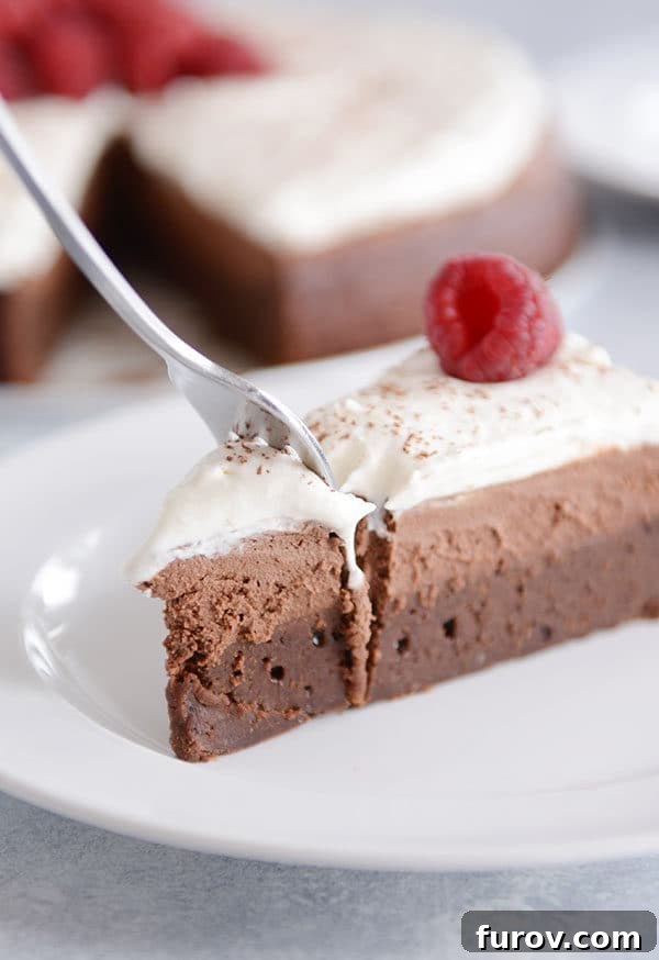 A fork taking a bite from a slice of double chocolate mousse torte, topped with a swirl of whipped cream.