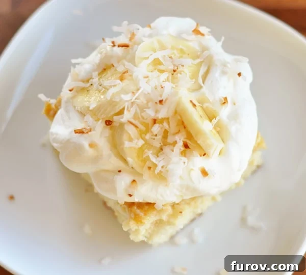 Exotic Coconut Tres Leches Delight 3 An overhead shot showcasing a perfect slice of Coconut Tres Leches Cake, generously topped with whipped cream, and adorned with delicate banana slices.