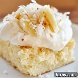 Exotic Coconut Tres Leches Delight 4 A top-down view of a delightful Coconut Tres Leches Cake slice, adorned with whipped cream and banana slices.