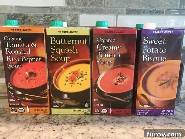 Selection of Trader Joe's boxed soups, suitable for a soft food diet during post-operative recovery