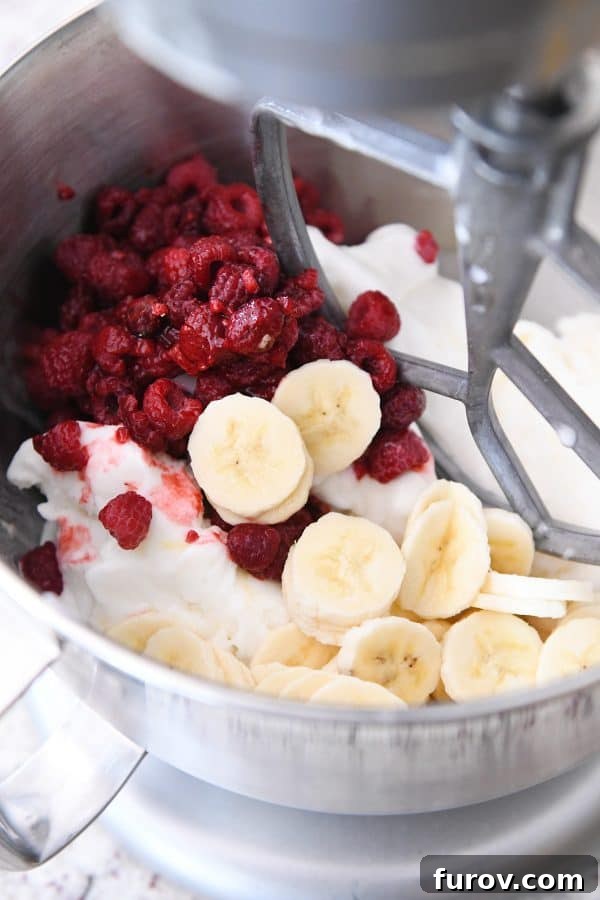 Pink Paradise Sorbet 4 Mixing pineapple sherbet, bananas, raspberries in kitchen aid mixer.