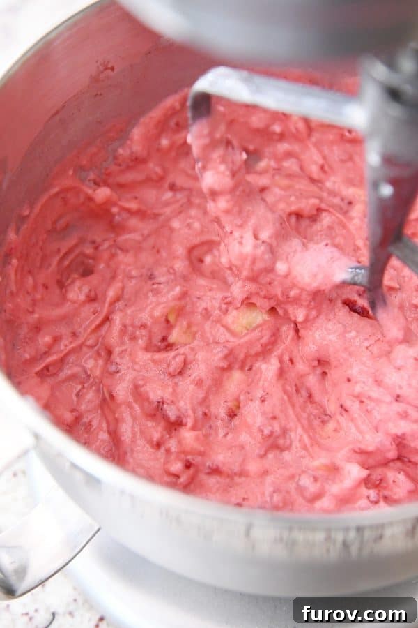 Pink Paradise Sorbet 5 Mixed pink sorbet in kitchen aid mixer.