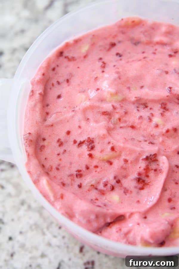 Pink Paradise Sorbet 6 Fruity pink sorbet spread into freezer container.