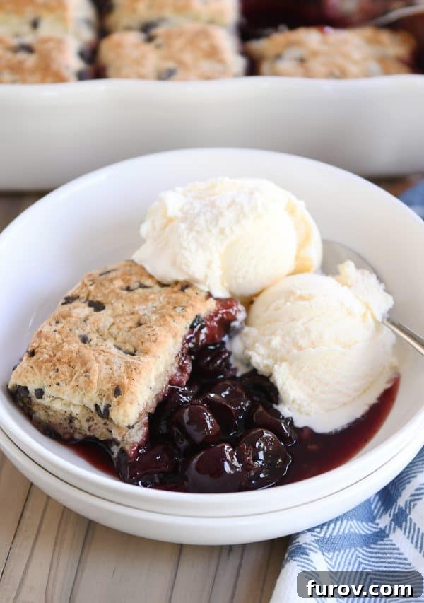 Scoop of cherry cobbler with chocolate chunk biscuit in white bowl with vanilla ice cream.