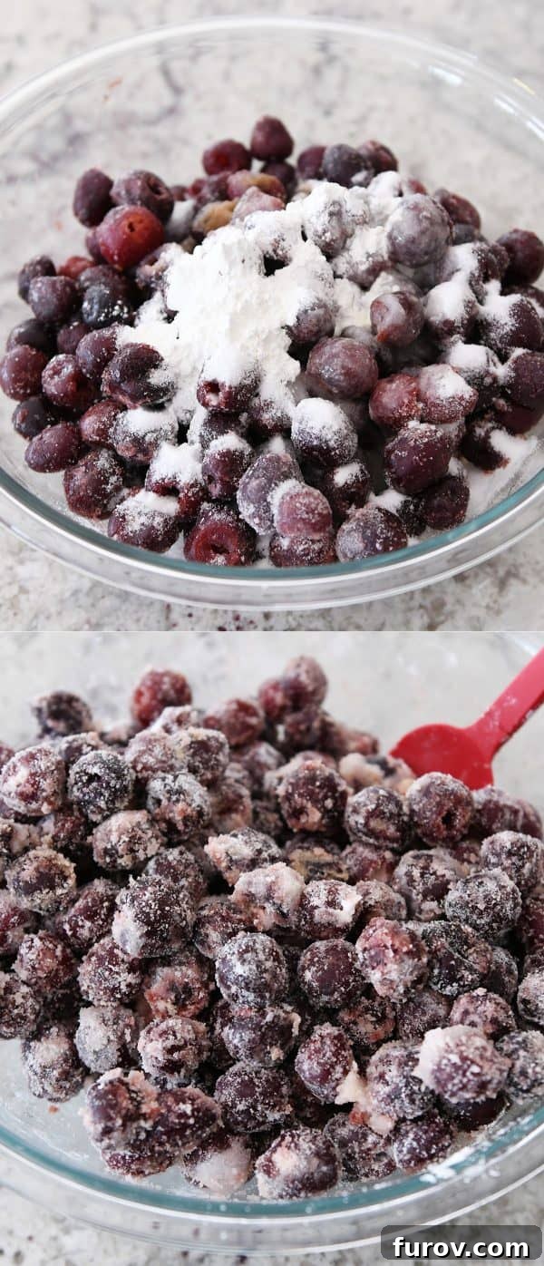 Tossing cherries with cornstarch and sugar.