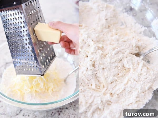 Grating butter with cheese grater into dry ingredients.