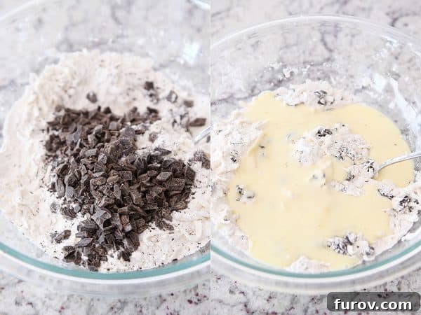 Adding chocolate chunks and wet ingredients to biscuit dough.