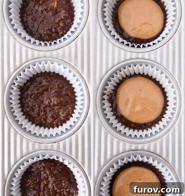 Irresistible No-Bake Peanut Butter Cups: Vegan, Gluten-Free Indulgence 9 Muffin liners filled with the chocolate no-bake mixture, topped with the smooth peanut butter mixture, ready for chilling.