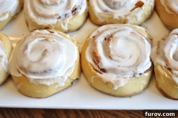 Irresistible Buttermilk Cinnamon Rolls with Silky Cream Cheese Frosting 3 A beautiful top-down view of small, perfectly frosted buttermilk cinnamon rolls arranged on a pristine white serving platter, highlighting their uniform size and glistening glaze.