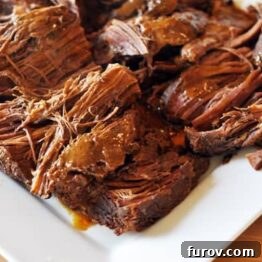 Shredded sweet and spicy pot roast ready to be served.