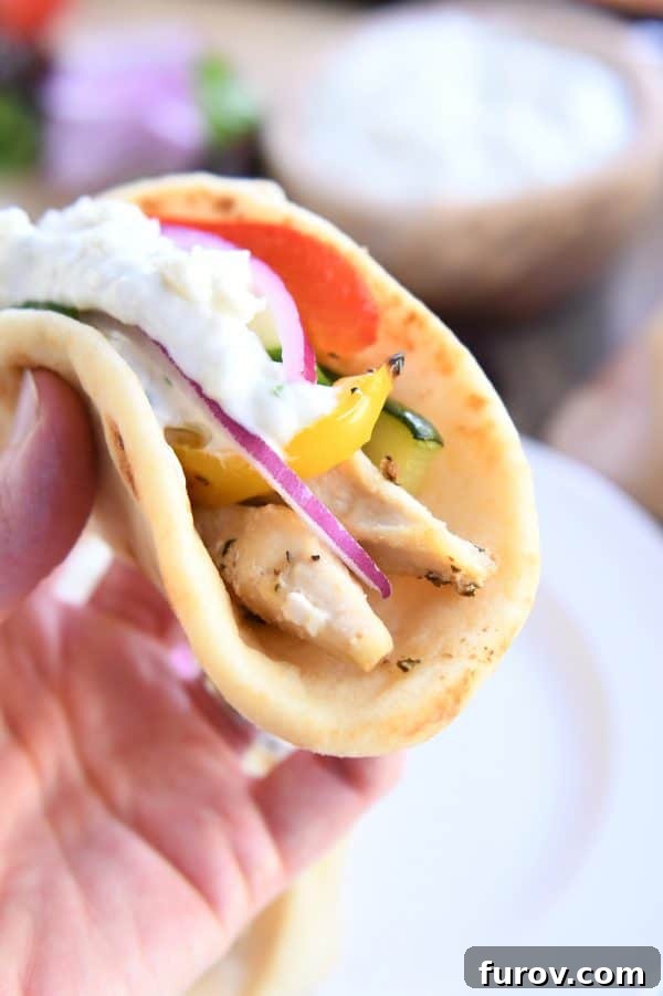 A hand holding a perfectly assembled chicken tzatziki wrap, showcasing its delicious fillings.