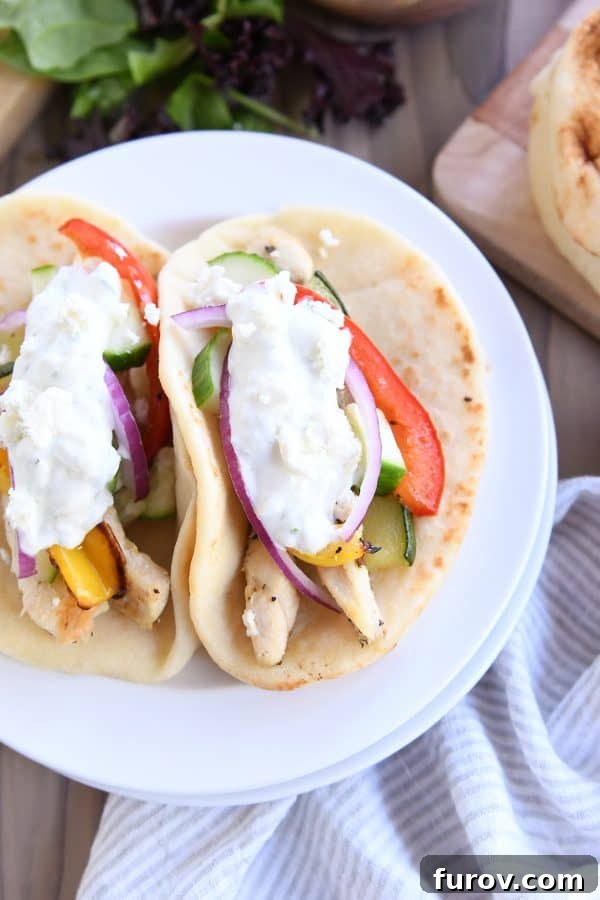 A top-down view of a delicious chicken tzatziki wrap placed on a simple white plate, ready to be eaten.