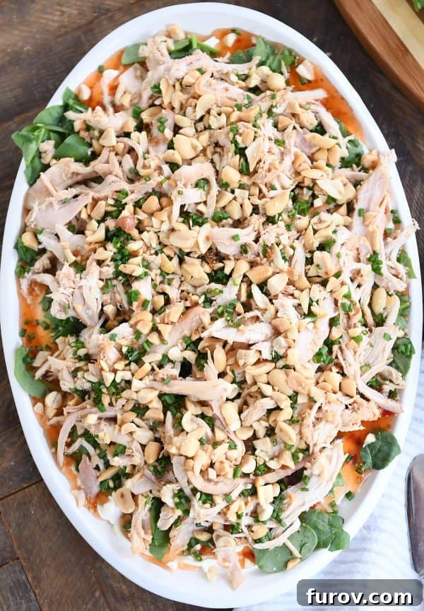 Out-of-this-World Sesame Thai Chicken Dip 5 A stunning overhead view of the Sesame Thai Chicken Dip, beautifully arranged on a white platter. Layers of cream cheese, sweet Thai chili sauce, spinach, shredded chicken, chives, and peanuts are visible, inviting a delicious scoop.