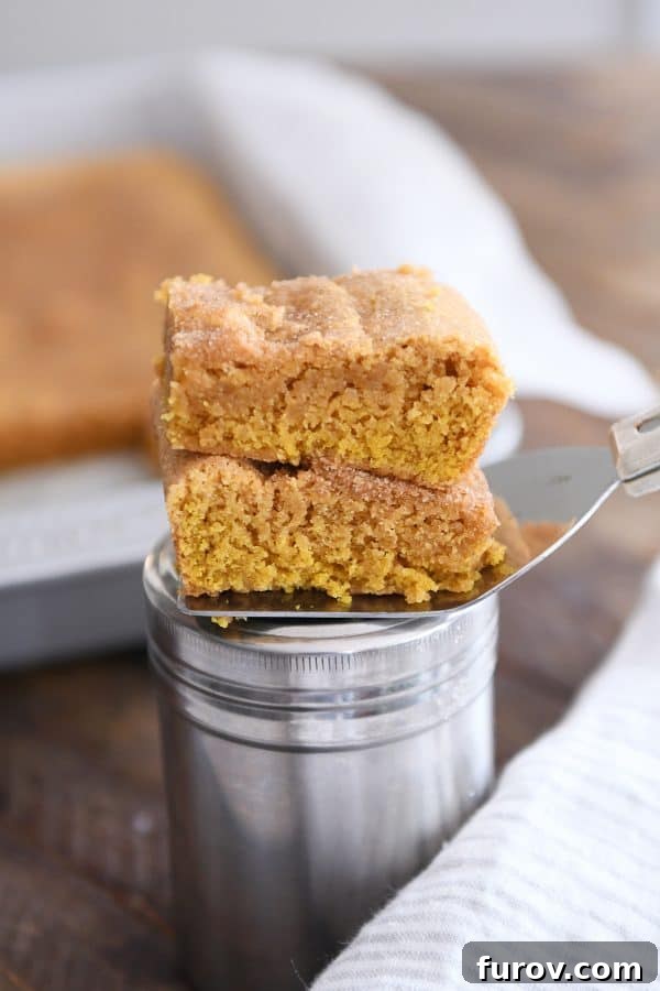 Two pumpkin snickerdoodle bars elegantly stacked on top of a cinnamon and sugar canister, showcasing the delicious topping.