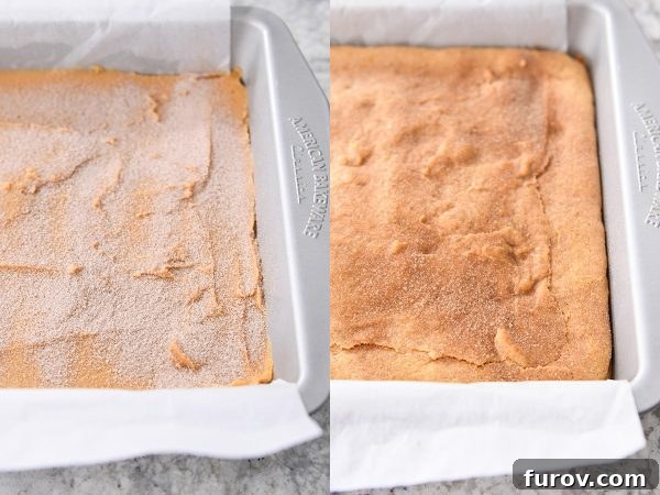 Generous cinnamon and sugar sprinkled over the unbaked pumpkin snickerdoodle bars, ready for baking.