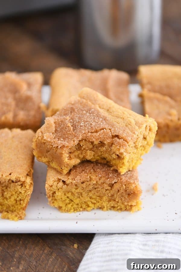 Two pumpkin snickerdoodle bars stacked on a rustic white tray with a bite taken out of the top one, showcasing their inviting appeal.