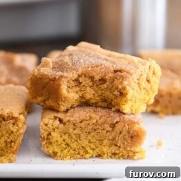 Two pumpkin snickerdoodle bars stacked on a white tray with a bite taken out of the top bar