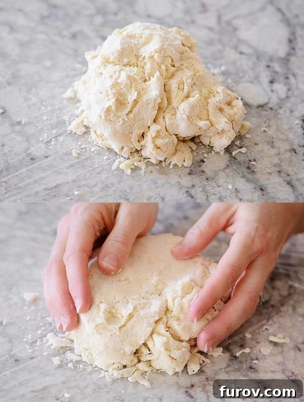Unlock the Secret to Flaky Homemade Pie Crust 12 Shaggy pie crust dough on a countertop, ready to be wrapped.