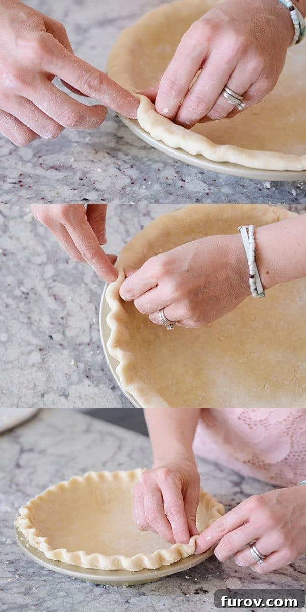 Unlock the Secret to Flaky Homemade Pie Crust 23 Hands demonstrating the technique of crimping a pie crust edge with thumb and forefinger.
