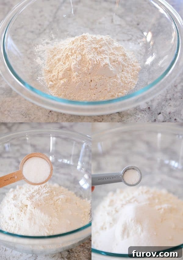 Unlock the Secret to Flaky Homemade Pie Crust 4 A clear glass bowl filled with flour, sugar, and salt, ready for mixing.