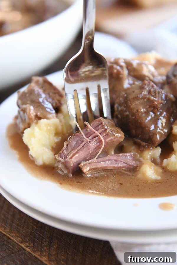 Fall-Apart Tender Slow Cooker Beef in Rich Gravy 4 A fork holding a piece of tender beef tip with gravy, illustrating its fall-apart texture.