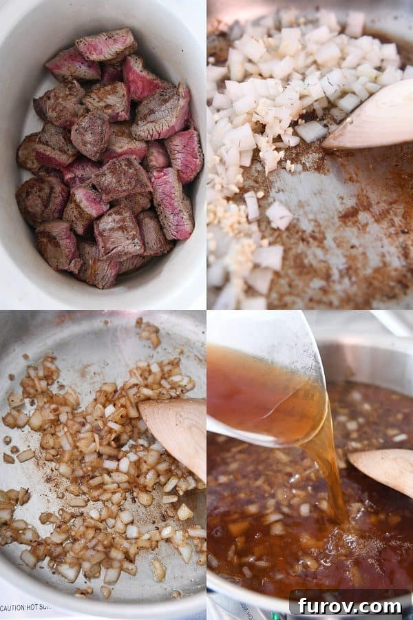 Fall-Apart Tender Slow Cooker Beef in Rich Gravy 7 Scraping up brown bits in a skillet to cook onions and add beef broth for a richer sauce.