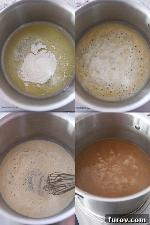 Fall-Apart Tender Slow Cooker Beef in Rich Gravy 8 The process of making gravy by whisking butter and flour for a roux, then adding liquid.