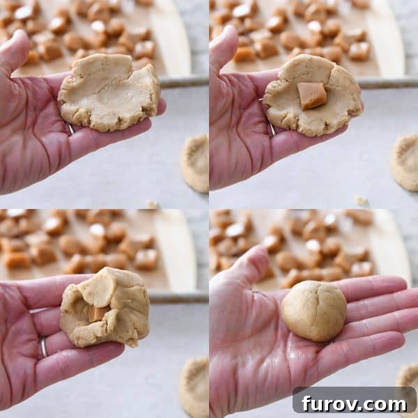 Process of rolling up caramel in snickerdoodle dough.