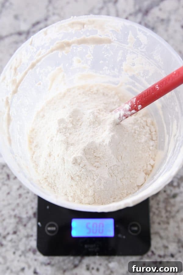 Sourdough for the Unmotivated 6 Adding flour to sourdough starter in bucket on black scale.